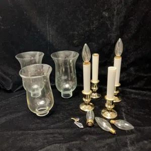 Four Glass Hurricane Lamp Shades and Brass Candle Base Lights