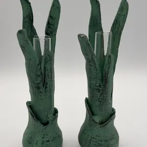 2 Vintage Green Bulb & Leaves Cast Iron with Glass Bud Vases