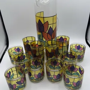 Vintage MCM West Virginia Stained Glass Tulip Pitcher & Glasses