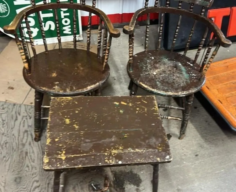 2 Vintage Wooden Windsor Armchairs and Small