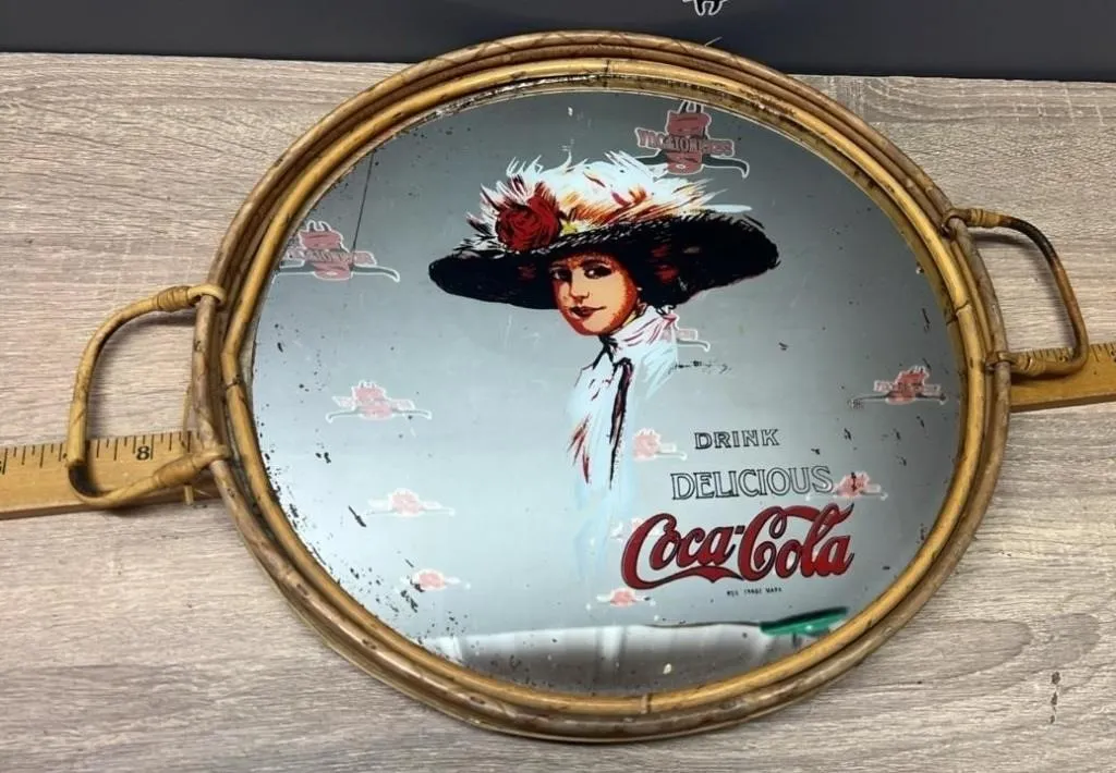 12" Diam. Bamboo Framed Coca-Cola Mirrored