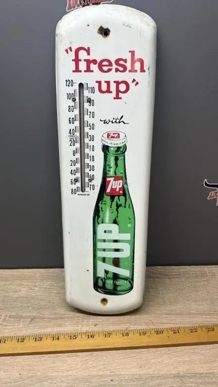 Vintage 16"H 7-Up Wall Thermometer. Made in USA.