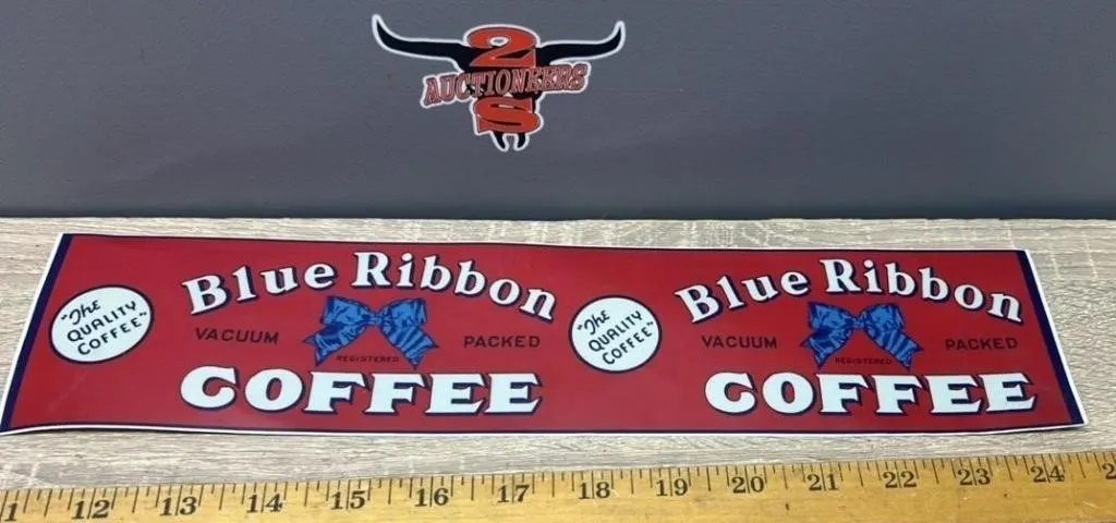 Blue Ribbon Coffee Sticker. 14"W x .5"H.