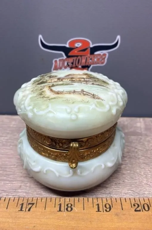 Wave Crest Transferware Milk Glass Keepsake Box.