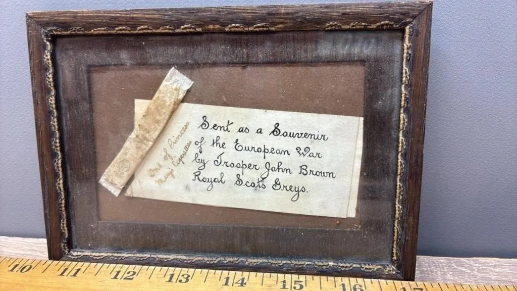Framed Cigarette & Note. Souvenir From European