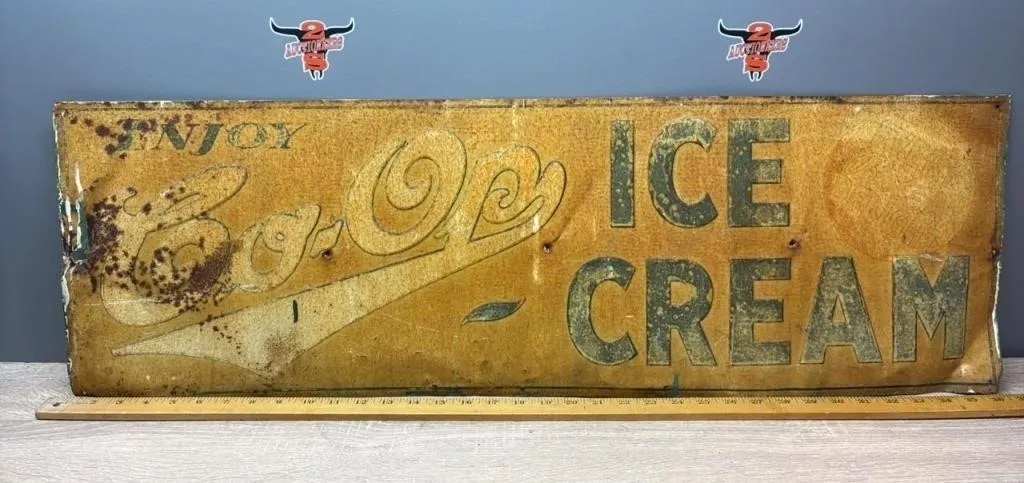 Vintage CO-OP Ice Cream Tin Sign. 36”Wx11”H.