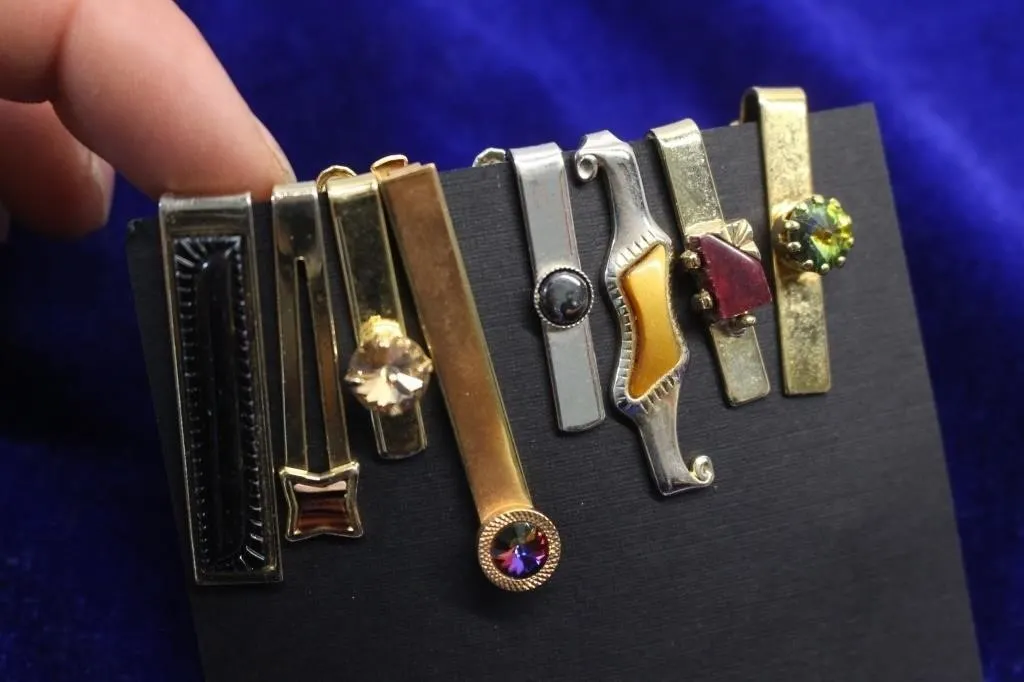 Vintage Tie Clips with Stone Accents, Lot of 8