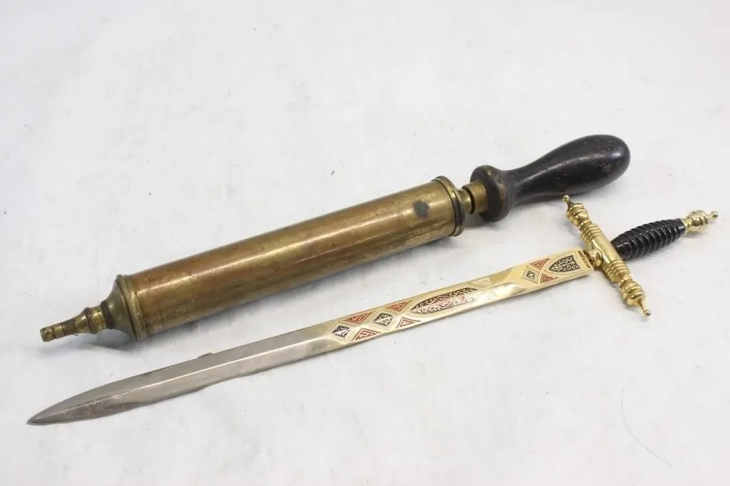 Brass Bicycle Pump and Ornate Letter Opener