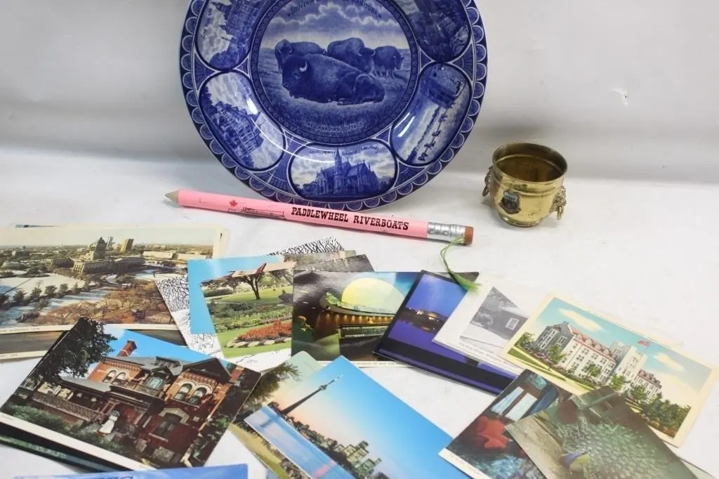Winnipeg Souvenir Plate, Brass Pot & Postcards