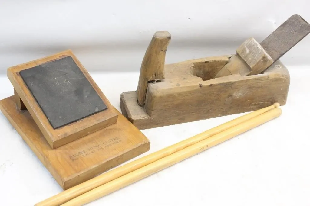 Wooden Hand Plane, Sharpening Stone & Drumsticks