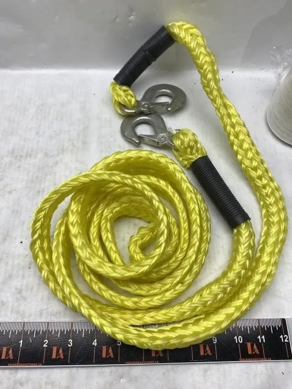 Yellow braided tow rope with hooks