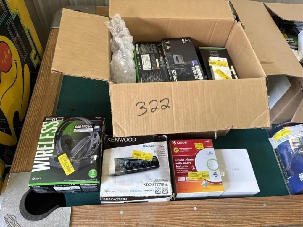 Box of Xbox Headphones, Kenwood Radio & other