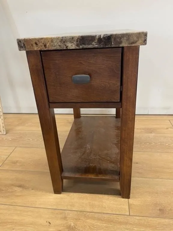 Wood Side Table with Drawer & Stone-Look Top