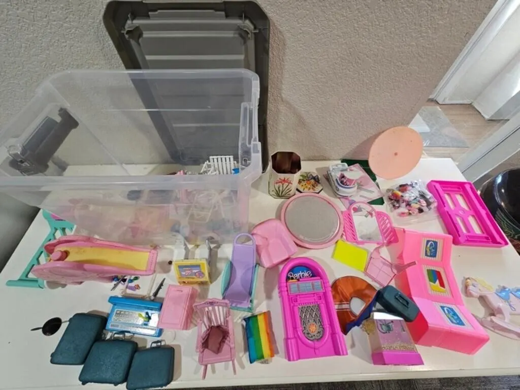 Mixed Barbie Doll Accessories in Storage Tote