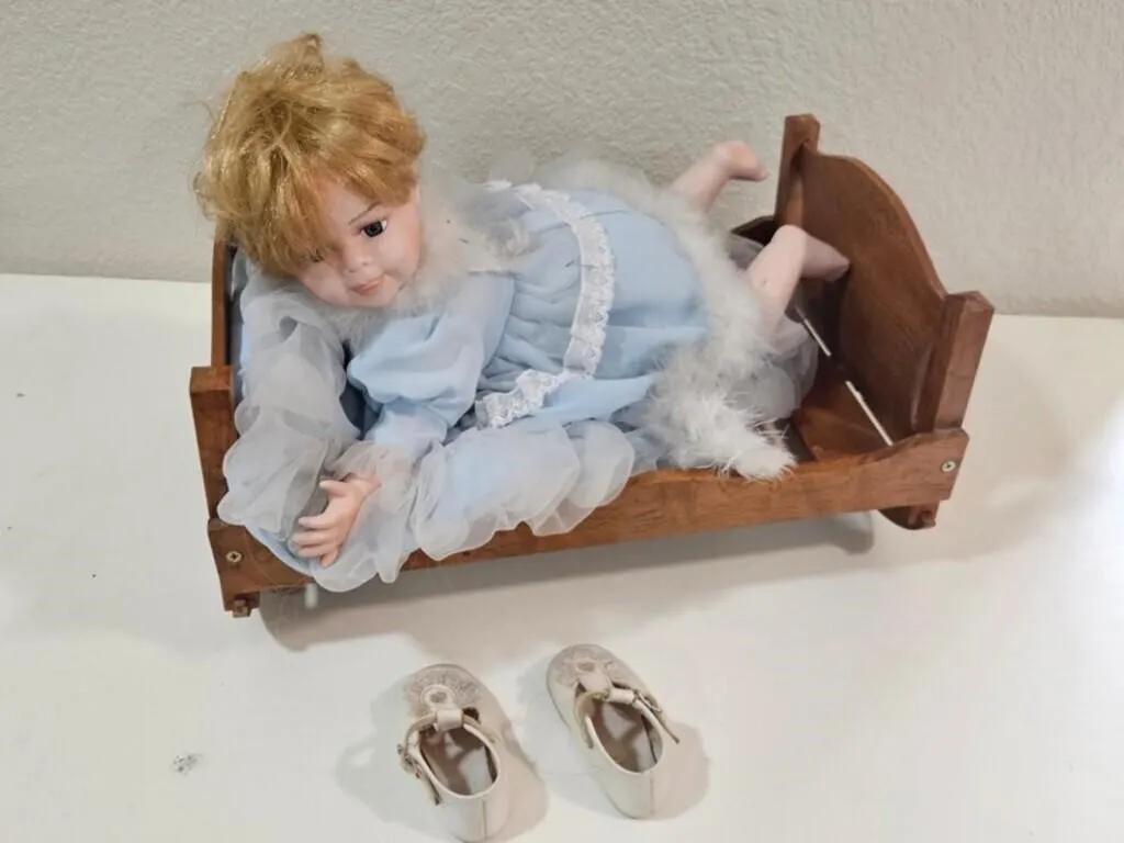 Doll in Wooden Rocking Cradle w/ Shoes