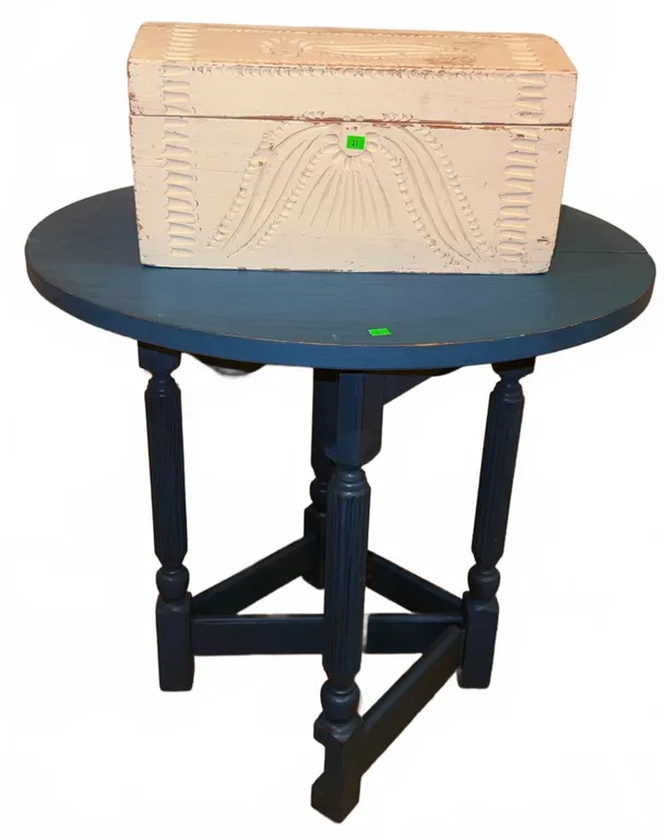 Painted Blue Drop-Leaf Table and White Carved Wooden Box