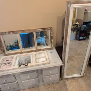 Distressed Wood Dresser With Attached Framed Mirror and Separate Full-Length Mirror