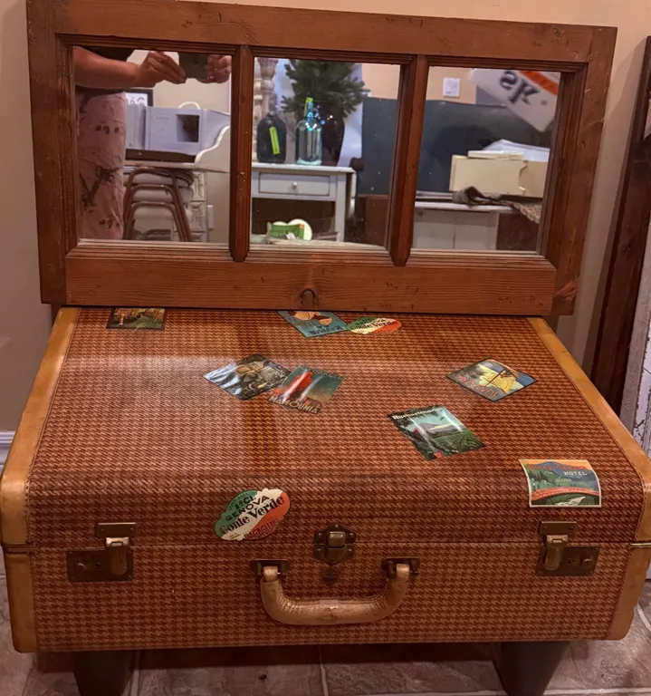 Wood-Framed Mirror and Upcycled Suitcase Table Set