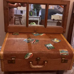 Wood-Framed Mirror and Upcycled Suitcase Table Set
