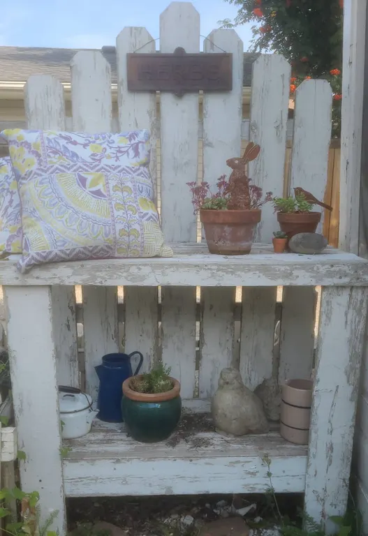 Distressed White Wood Garden Bench With Decor, Rustic Herb Stand