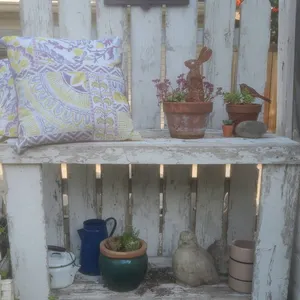 Distressed White Wood Garden Bench With Decor, Rustic Herb Stand