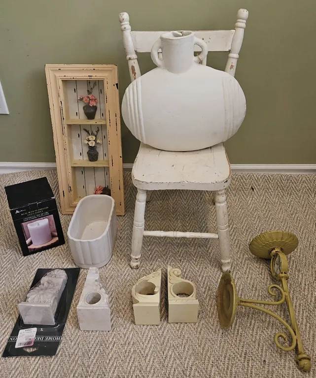Decorative Home Décor Lot with Chair, Vase, Sconce, and Ornaments