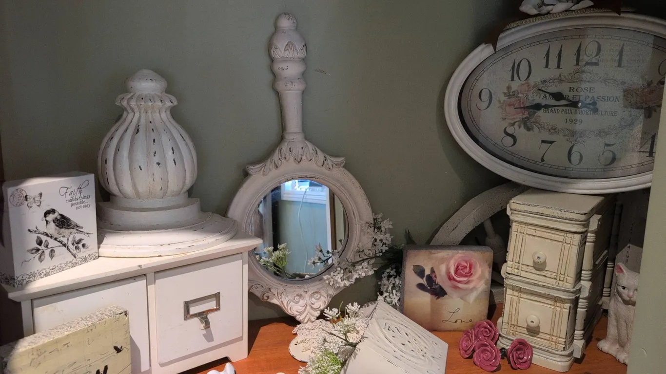 White Shabby Chic Decor Lot with Mirror, Clock, Drawers, Figurines