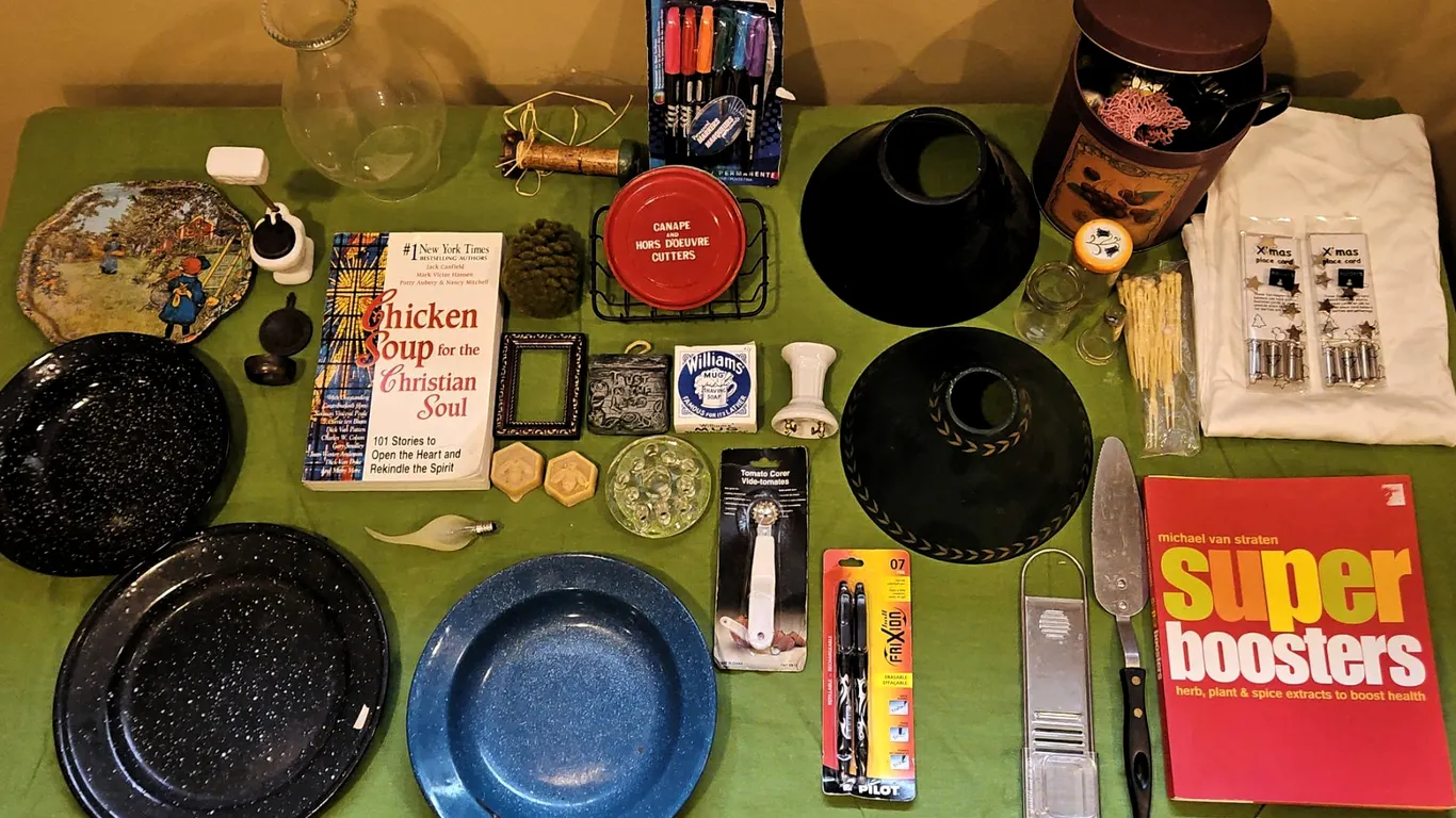 Vintage Odds and Ends Lot with Plates, Books, Kitchen Tools, and Décor