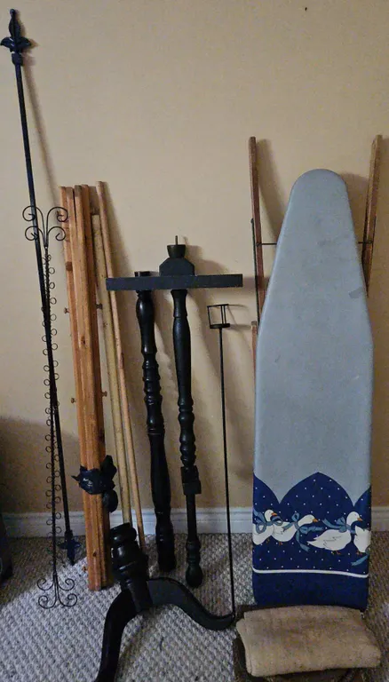 Fireplace Tools, Wooden Ironing Board, and Stand Bases