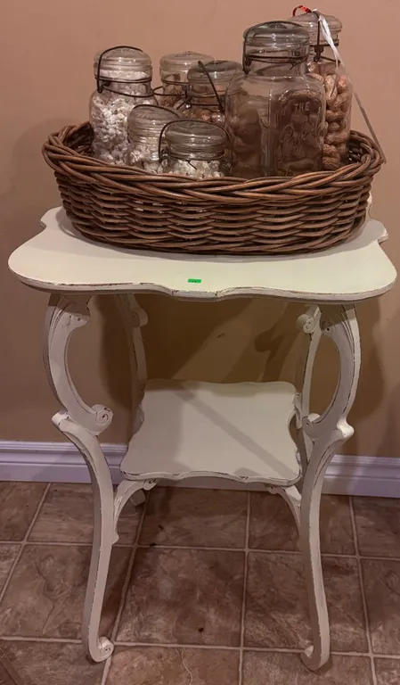 Painted Wood Side Table and Wicker Basket with Glass Jars