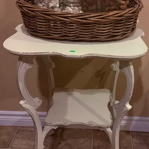 Painted Wood Side Table and Wicker Basket with Glass Jars