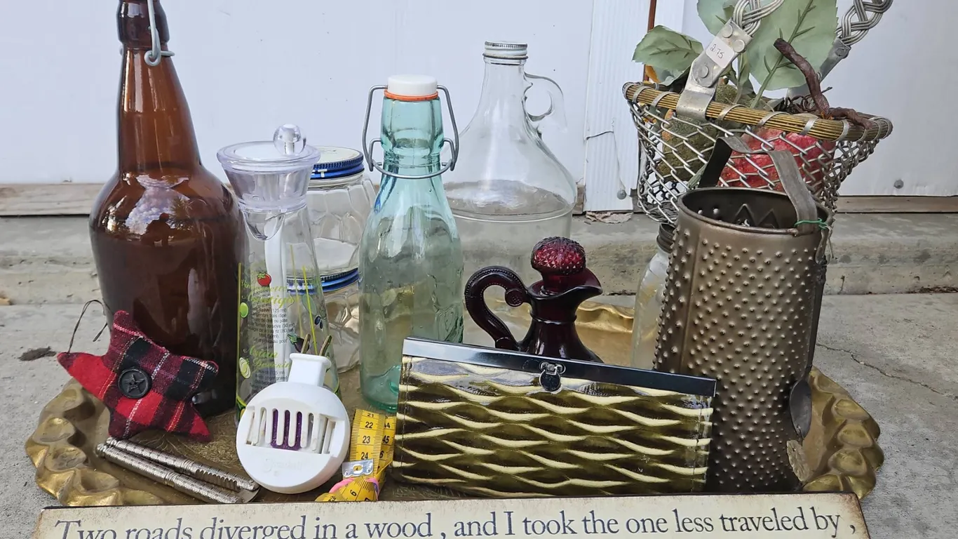 Household Mixed Lot With Vintage Jars, Decorative Sign, Tray