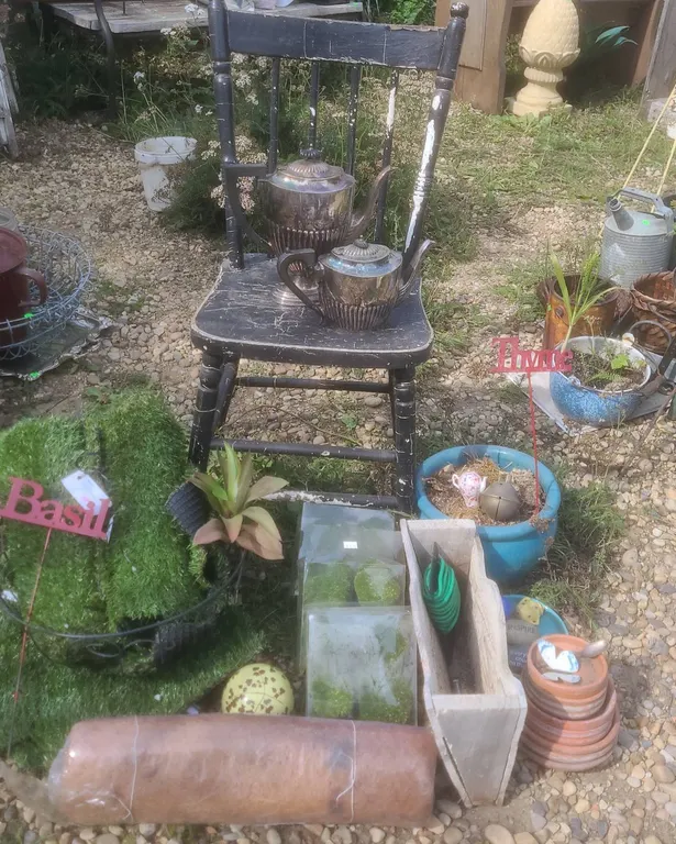 Garden Decor Items and Chair with Silverplate Teapots