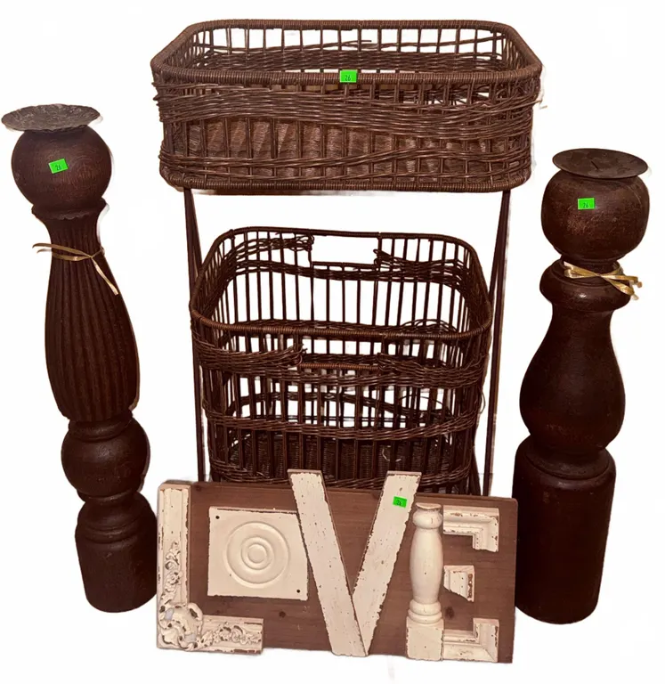 Wicker Double Basket Stand, Pair of Wooden Candle Holders, and Decorative 'LOVE' Sign