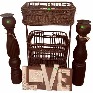 Wicker Double Basket Stand, Pair of Wooden Candle Holders, and Decorative 'LOVE' Sign
