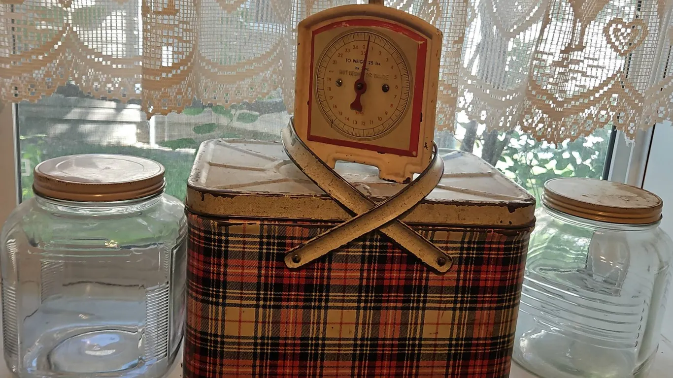 Glass Storage Jars, Vintage Tin and Kitchen Scale Lot