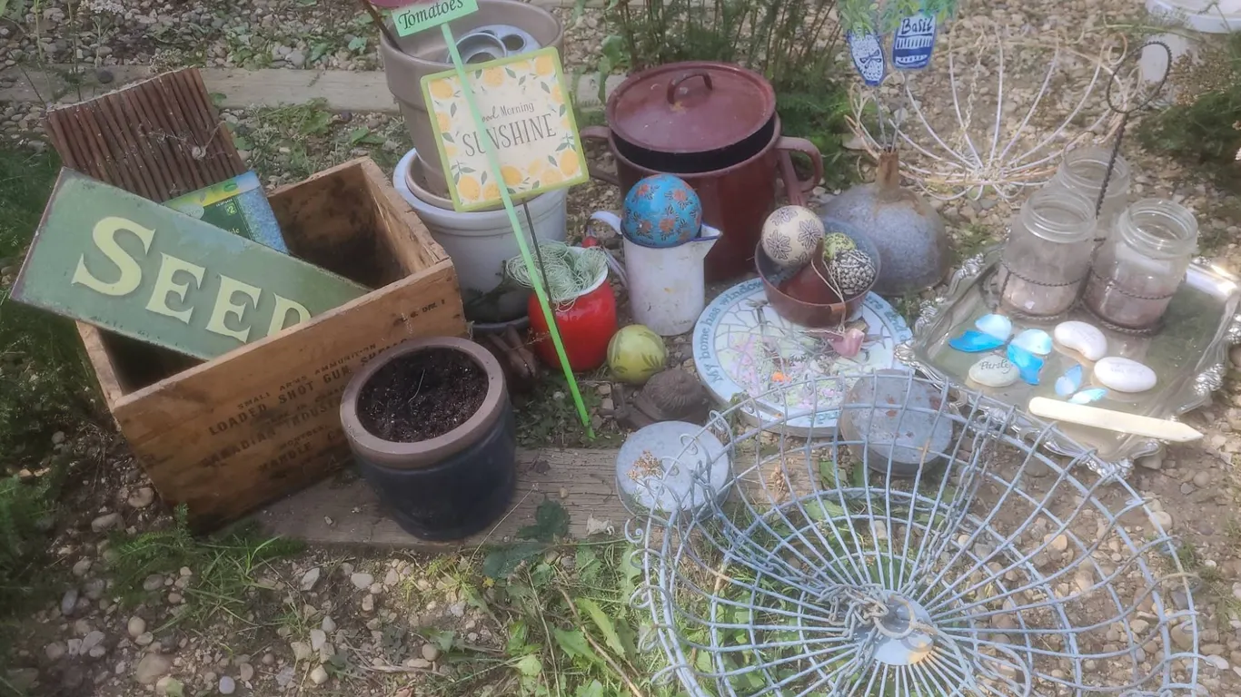 Garden Decor Assortment with Signs, Pots, Wire Baskets, and Accessories