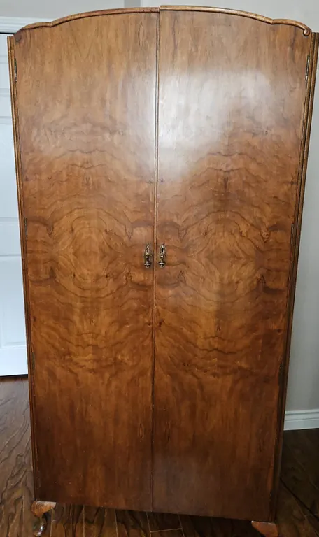Wooden Wardrobe with Multiple Drawers, Shelves, Mirror and Brass Hardware