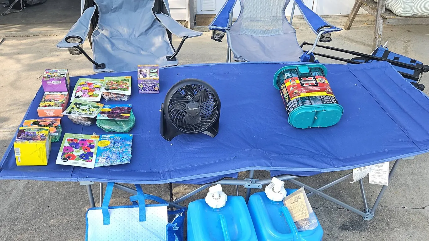 Outdoor Camping Lot With Cot, Folding Chairs, Bird Feeder, Fan, and Accessories