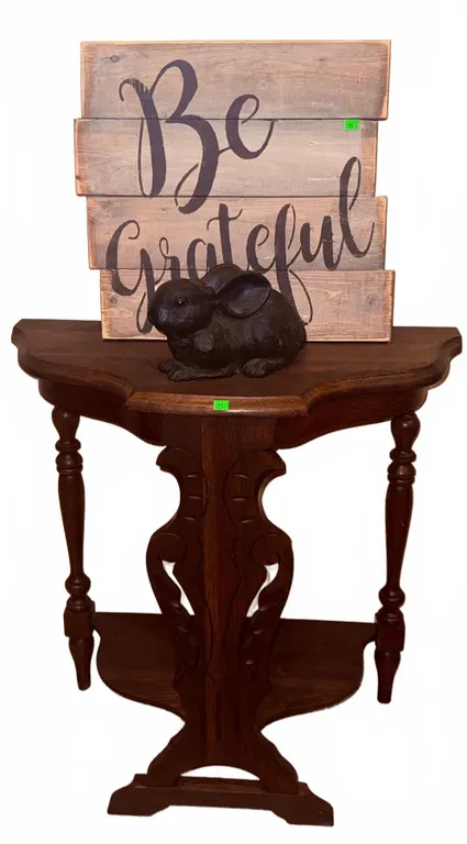 Wood Side Table, Rustic Wood Plaque and Decorative Rabbit Figurine