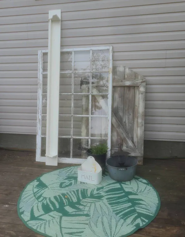 Outdoor Decor Lot: Old Window, Wooden Gate, Plant Pot, Mail Box, Metal Basin