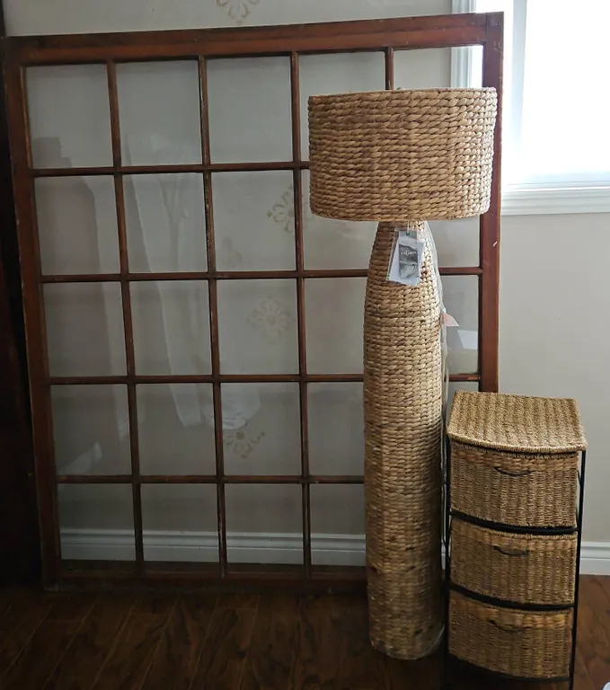 Handmade Wicker Floor Lamp, 3-Drawer Storage Unit, and Window Frame