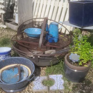 Blue Enamelware, Bowls, Planters, and Garden Decor