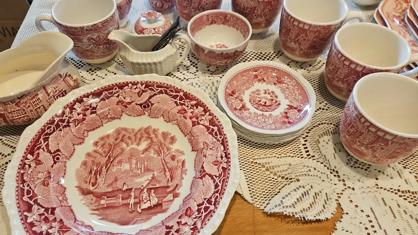 Adams English Scenic Staffordshire Red Transferware Set