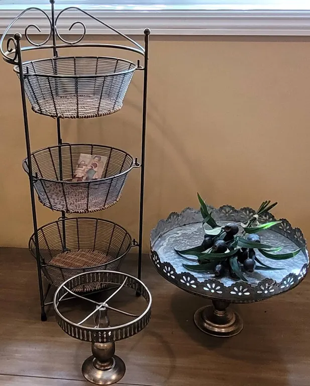 Three-Tiered Metal Basket Stand and Two Metal Pedestal Display Stands