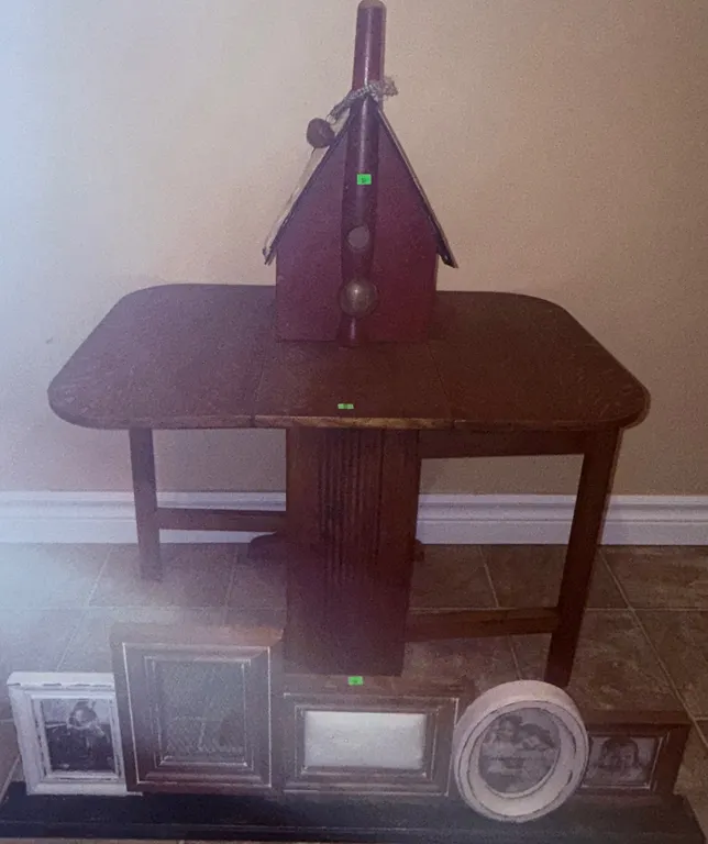 Wood Drop Leaf Table with Birdhouse and Photo Frames