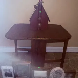 Wood Drop Leaf Table with Birdhouse and Photo Frames
