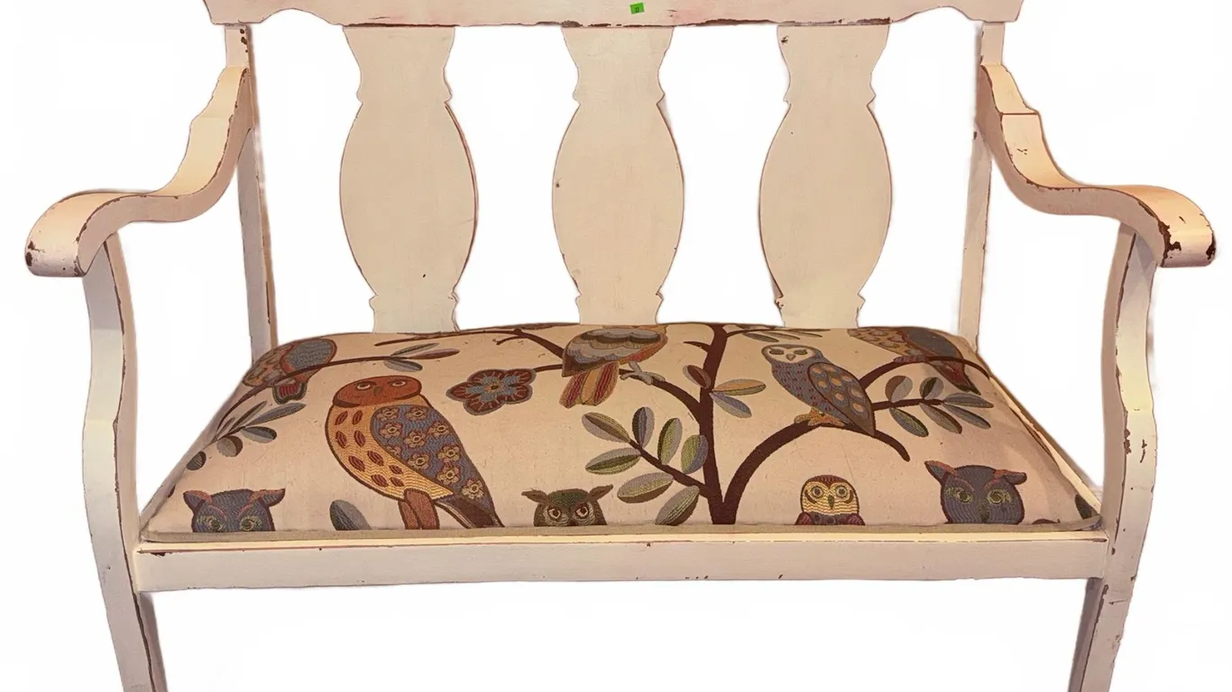 Painted Wood Settee with Upholstered Owl Motif Seat