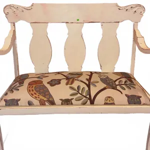 Painted Wood Settee with Upholstered Owl Motif Seat