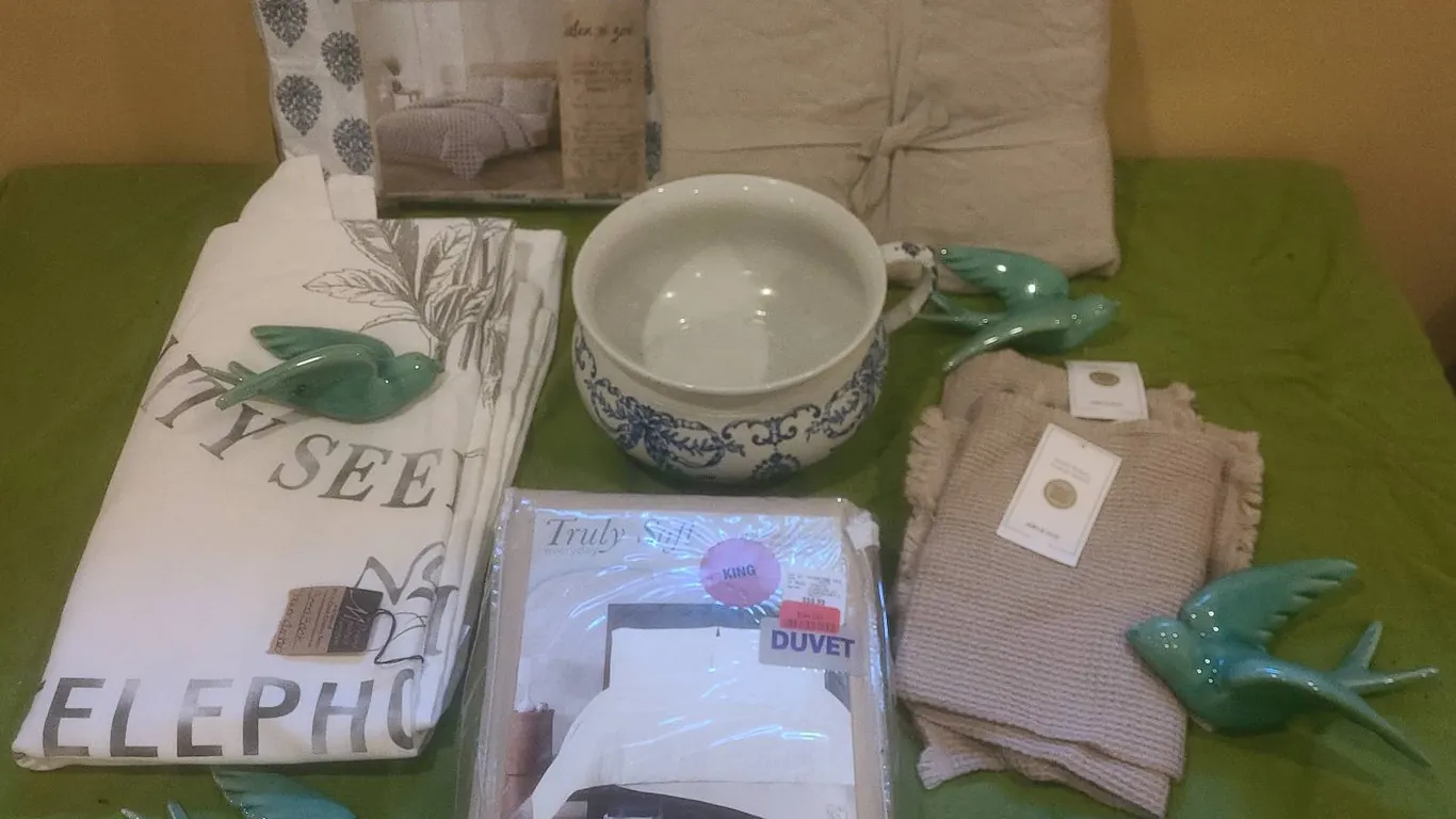 Home Linen Lot With Chamber Pot, Ceramic Birds, Duvet Sets, Towels